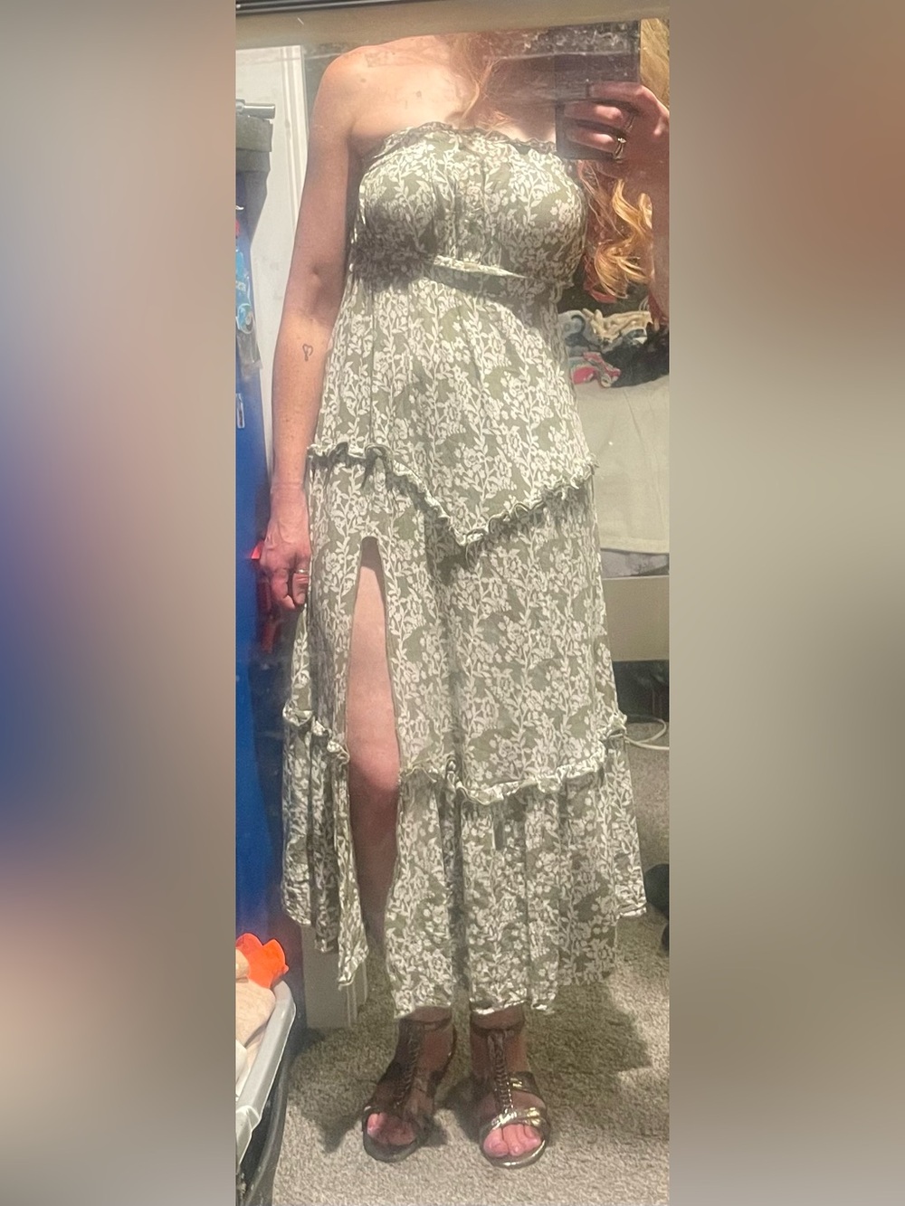 Strapless Olive Green Floral Ruffle Maxi Dress - Picture 3 of 3